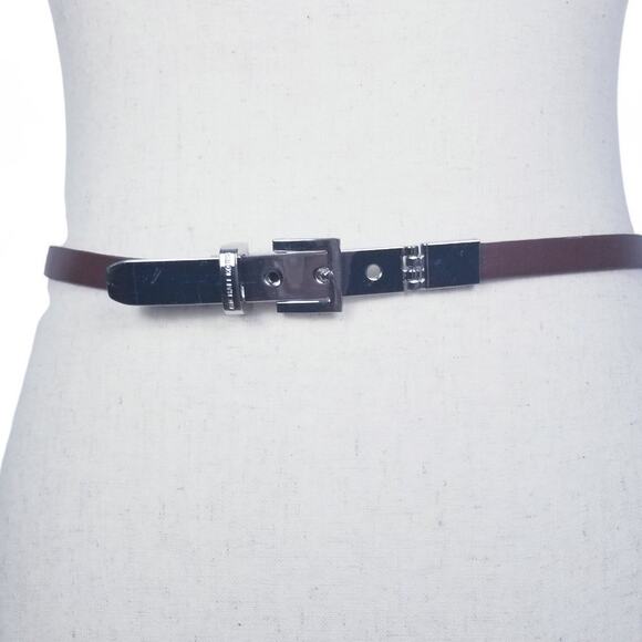 Michael Kors Collection Skinny Belt Sliver Hardware Brown Leather XS